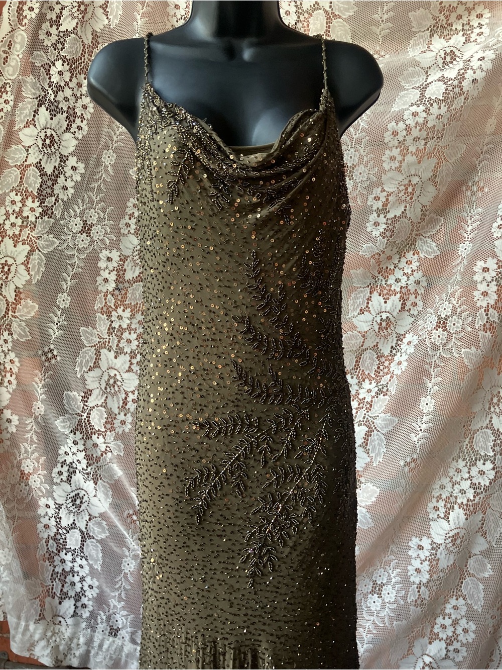 Sue Wong Olive Green Beaded Cowl Neck Camisole - Picture 14 of 16